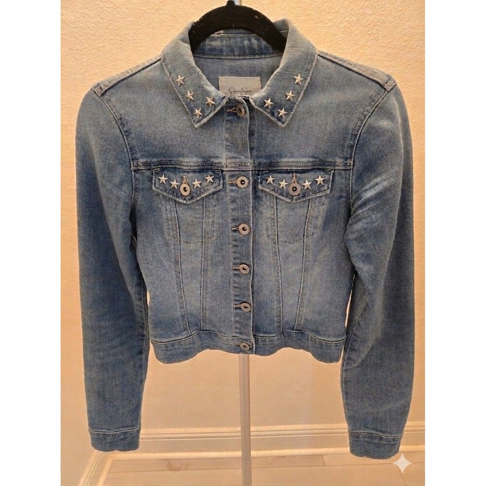 Jessica Simpson Star Stud Denim Cropped Jacket Size S Womens Light Wash